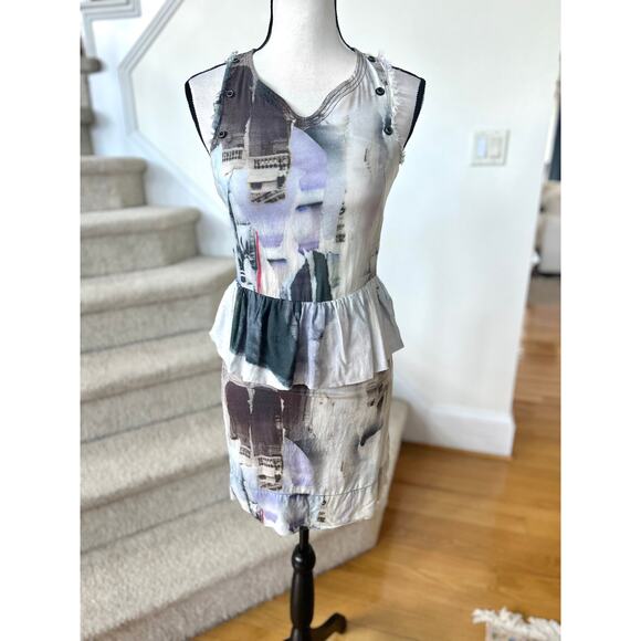 Vintage Diesel Abstract City Print White Black Peplum Sheath Mini Dress - Picture 1 of 10